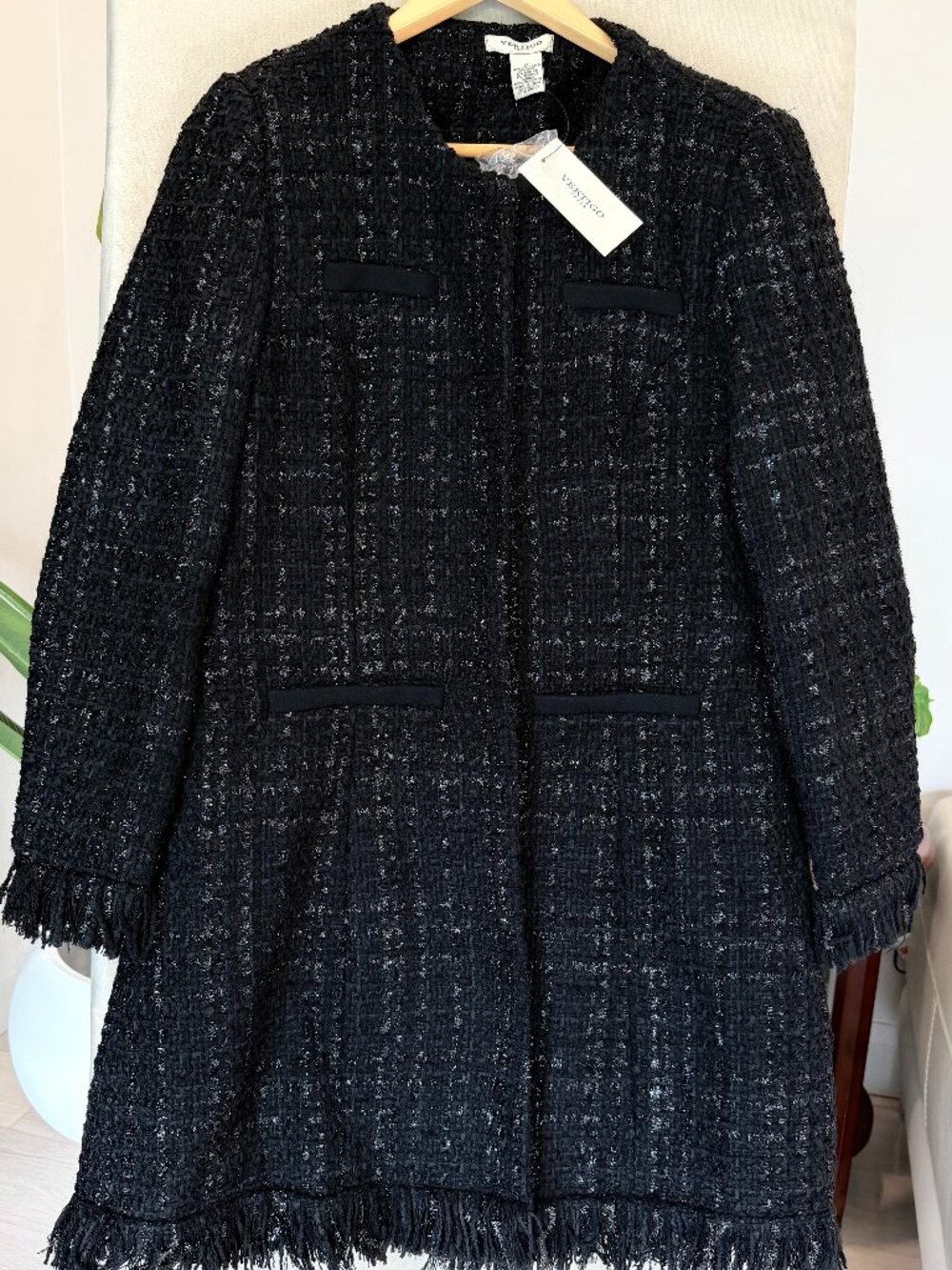 Vertigo Paris NWT Black Metallic Wool Blend Tweed Coat XL